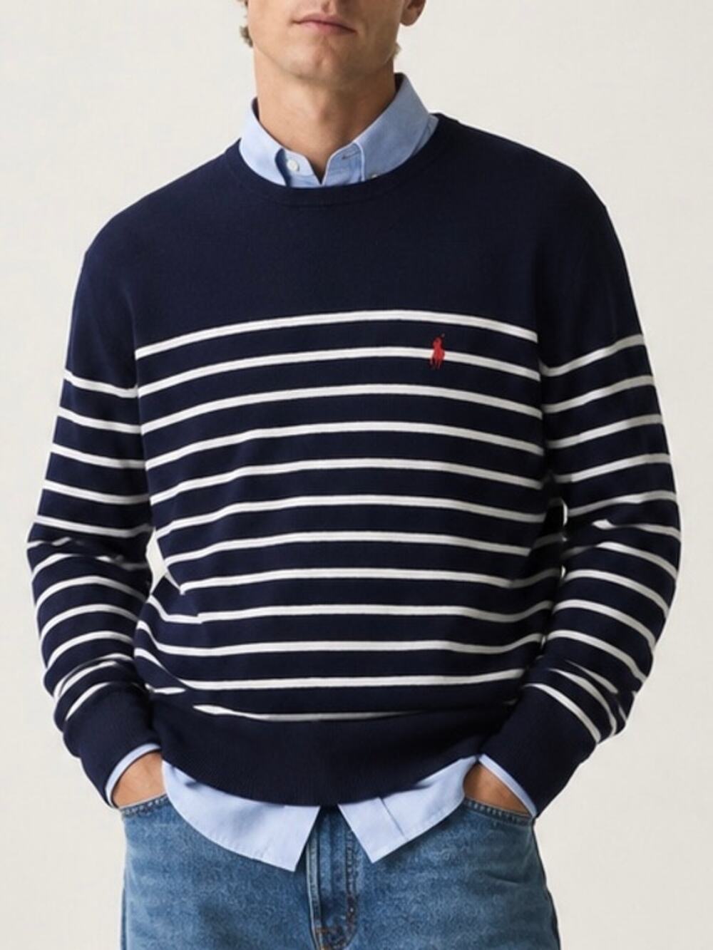 POLO Ralph Lauren Breton Striped Crew Neck Sweater 100% Pima Cotton Pony Logo